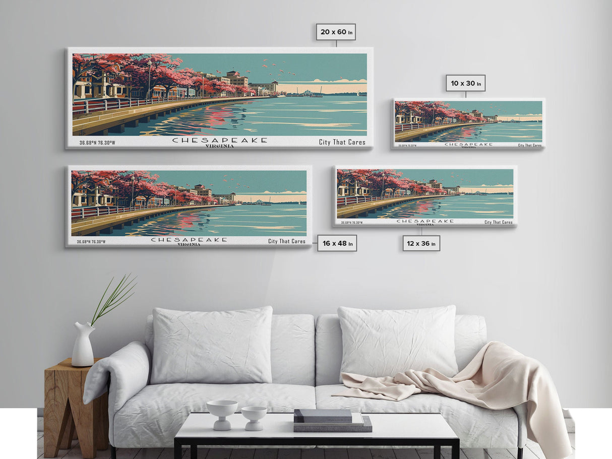 Chesapeake Virginia Panoramic Painting, Framed Canvas Print, Mid Century Modern Wall Art, Retro Pop Art Travel Poster, Living Room Decor, City Art