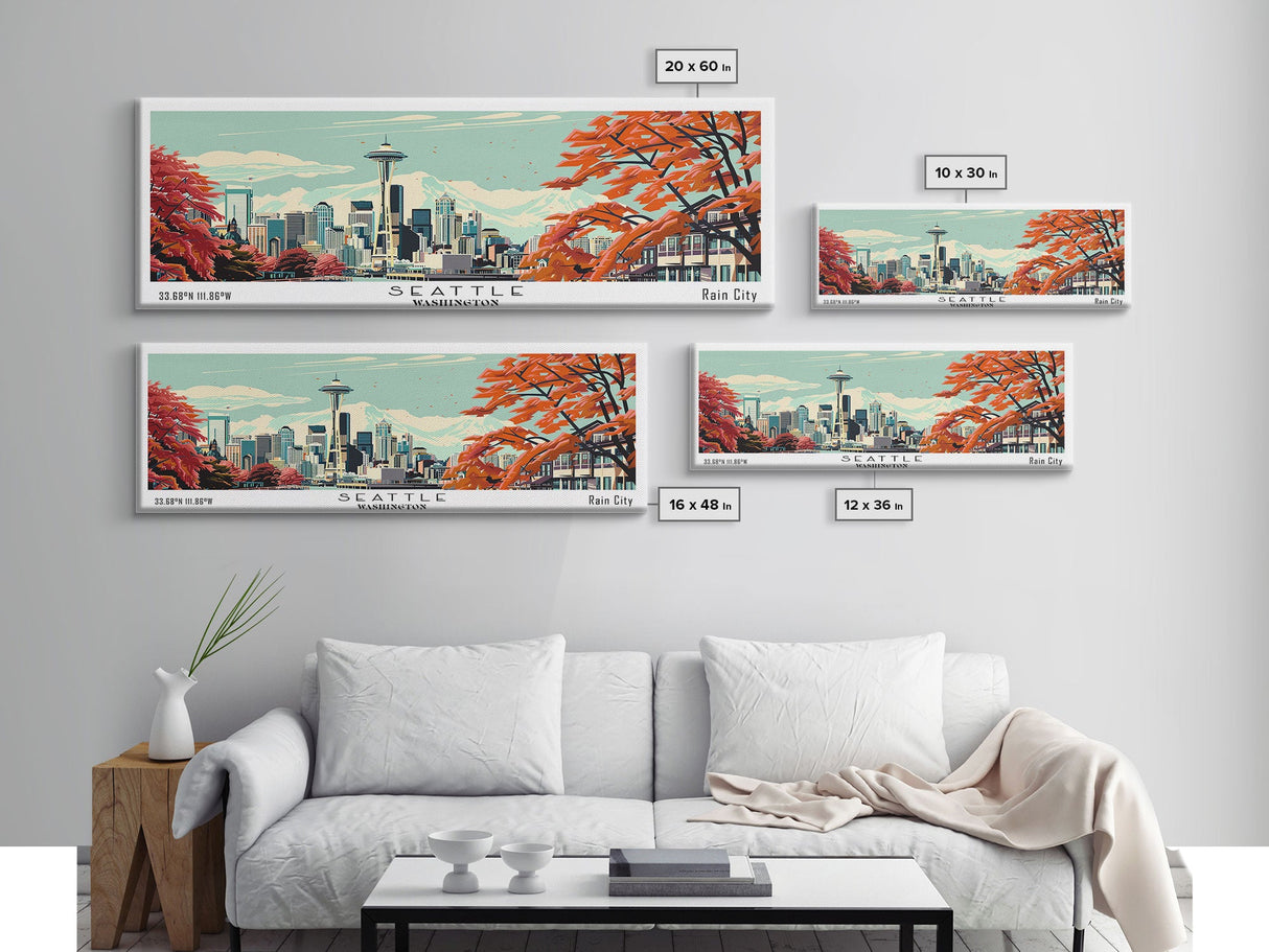 Seattle Washington Panoramic Painting, Mid Century Modern Framed Canvas Print, Retro Pop Art Travel Poster, Cityscape, Home Decor, Office Wall Art