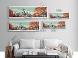 Seattle Washington Panoramic Painting, Mid Century Modern Framed Canvas Print, Retro Pop Art Travel Poster, Cityscape, Home Decor, Office Wall Art