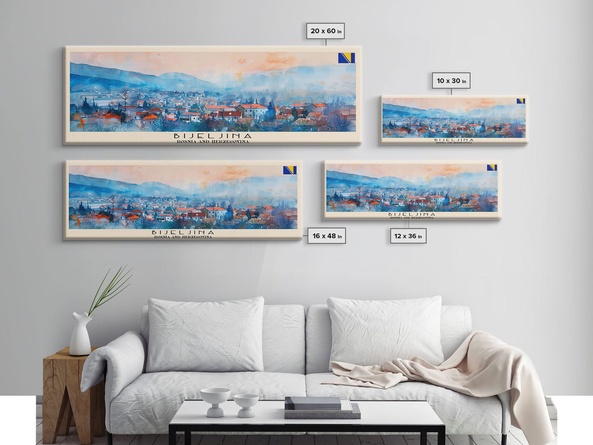 Bijeljina Bosnia Panoramic Travel Poster, Framed Canvas Print or Metal Wall Art, Travel Art, Home Decor, Panoramic Painting, Midcentury Art