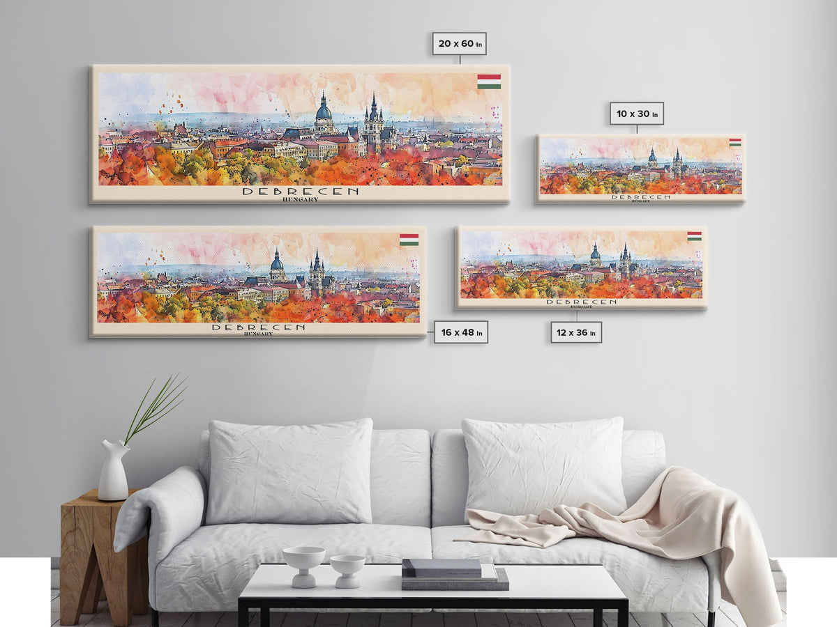Debrecen Hungary Panoramic Travel Poster, Framed Canvas Print or Metal Wall Art, Travel Art, Home Decor, Panoramic Painting, Midcentury Art