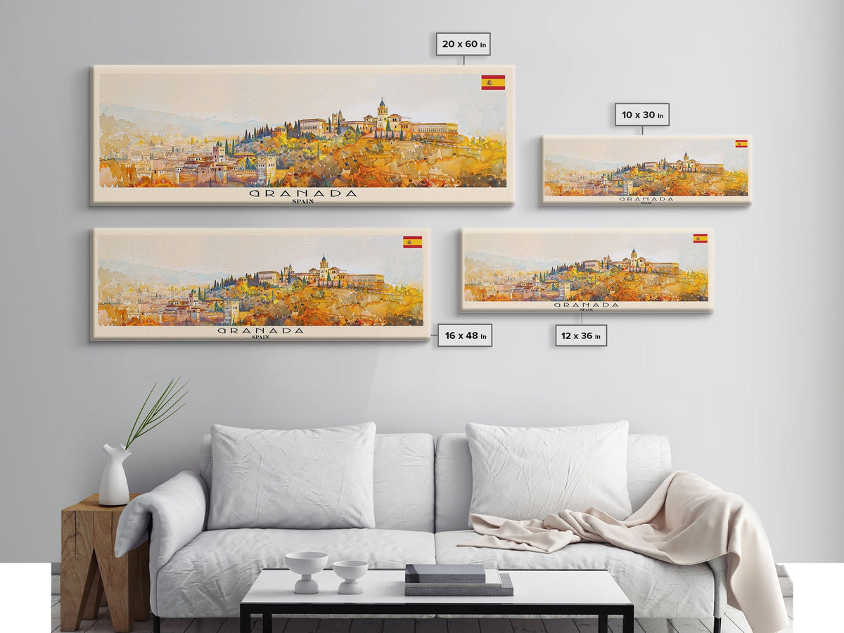 Granada Spain Panoramic Travel Poster, Framed Canvas Print or Metal Wall Art, Travel Art, Home Decor, Panoramic Painting, Midcentury Art