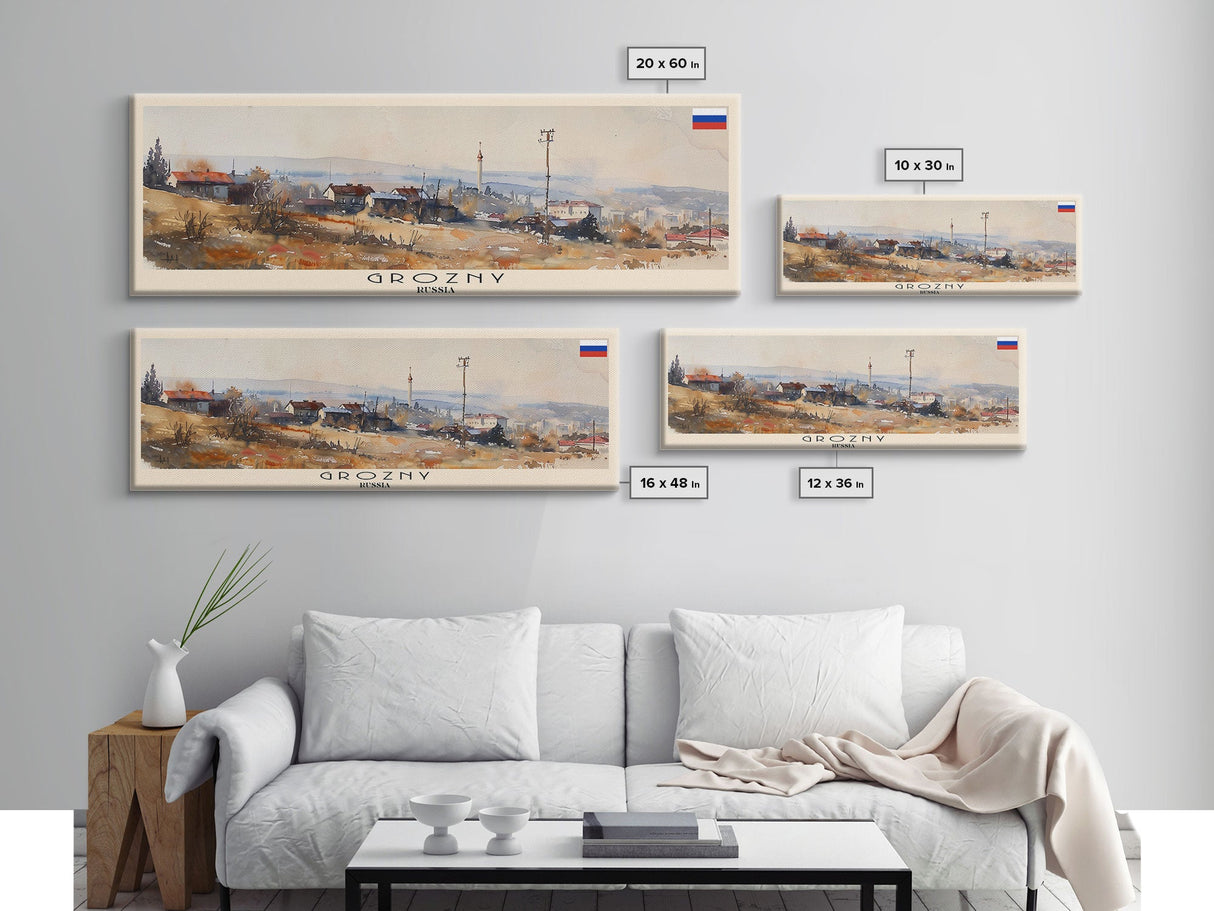 Grozny Russia Panoramic Travel Poster, Framed Canvas Print or Metal Wall Art, Travel Art, Home Decor, Panoramic Painting, Midcentury Art