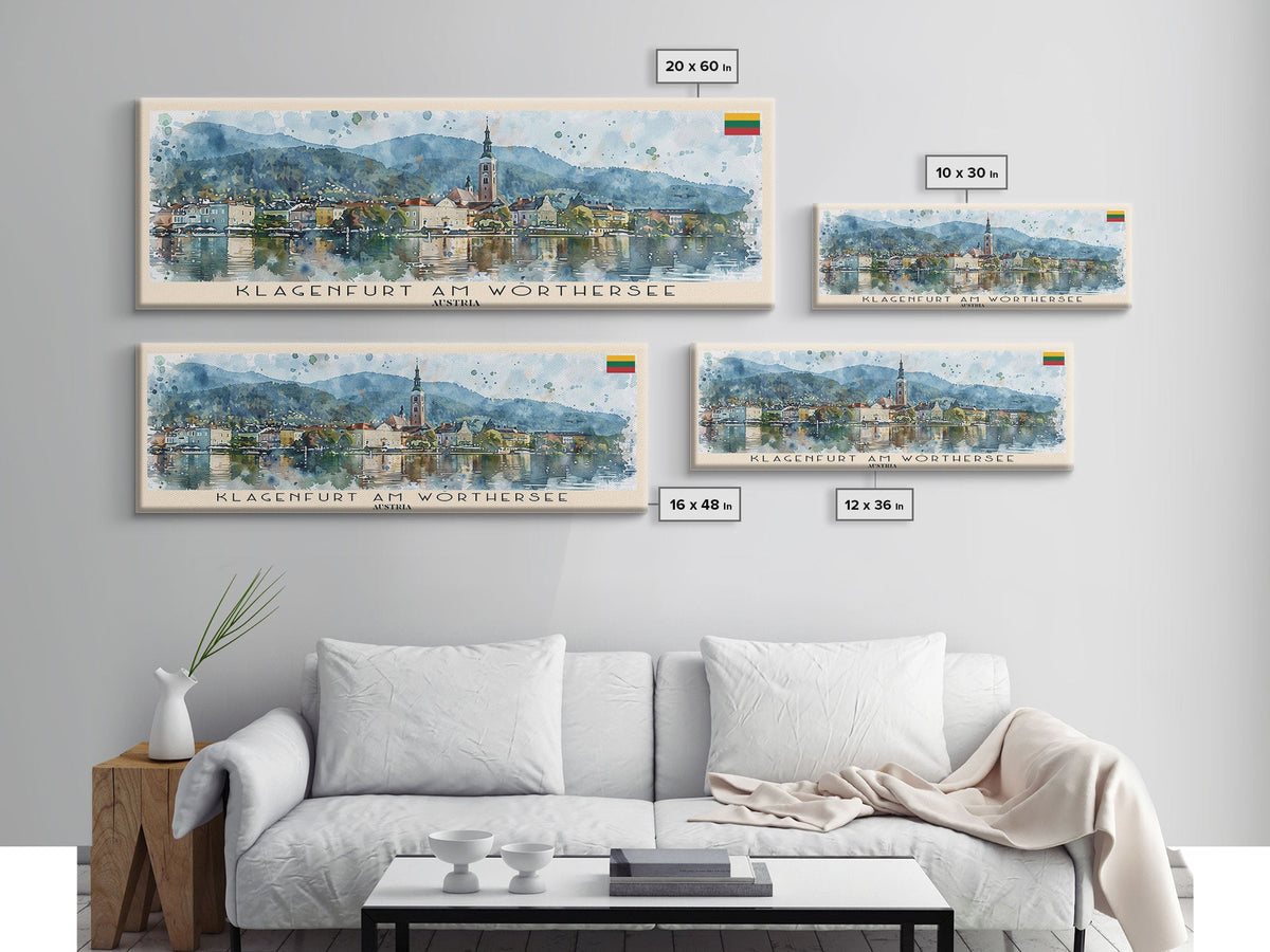 Klagenfurt Austria Panoramic Travel Poster, Framed Canvas Print or Metal Wall Art, Travel Art, Home Decor, Panoramic Painting, Midcentury Art
