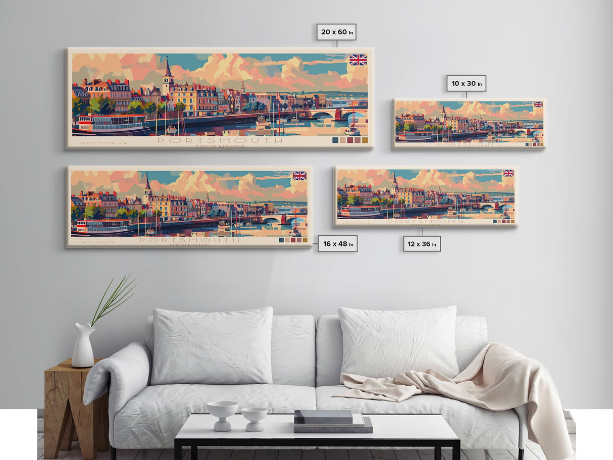 Portsmouth United Kingdom Wall Art, Panoramic Travel Poster, Panoramic Framed Canvas Print, City Wall Art, Wall Hanging Home Decor, Travel Art