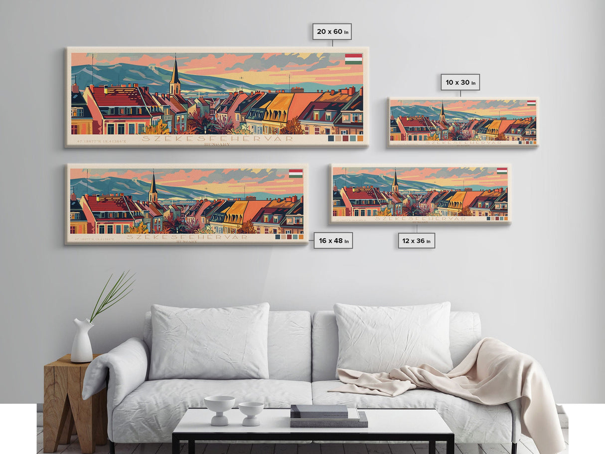 Szkesfehervar Hungary Panoramic Travel Poster, Framed Canvas Print or Metal Wall Art, Travel Art, Home Decor, Panoramic Painting, Midcentury Art