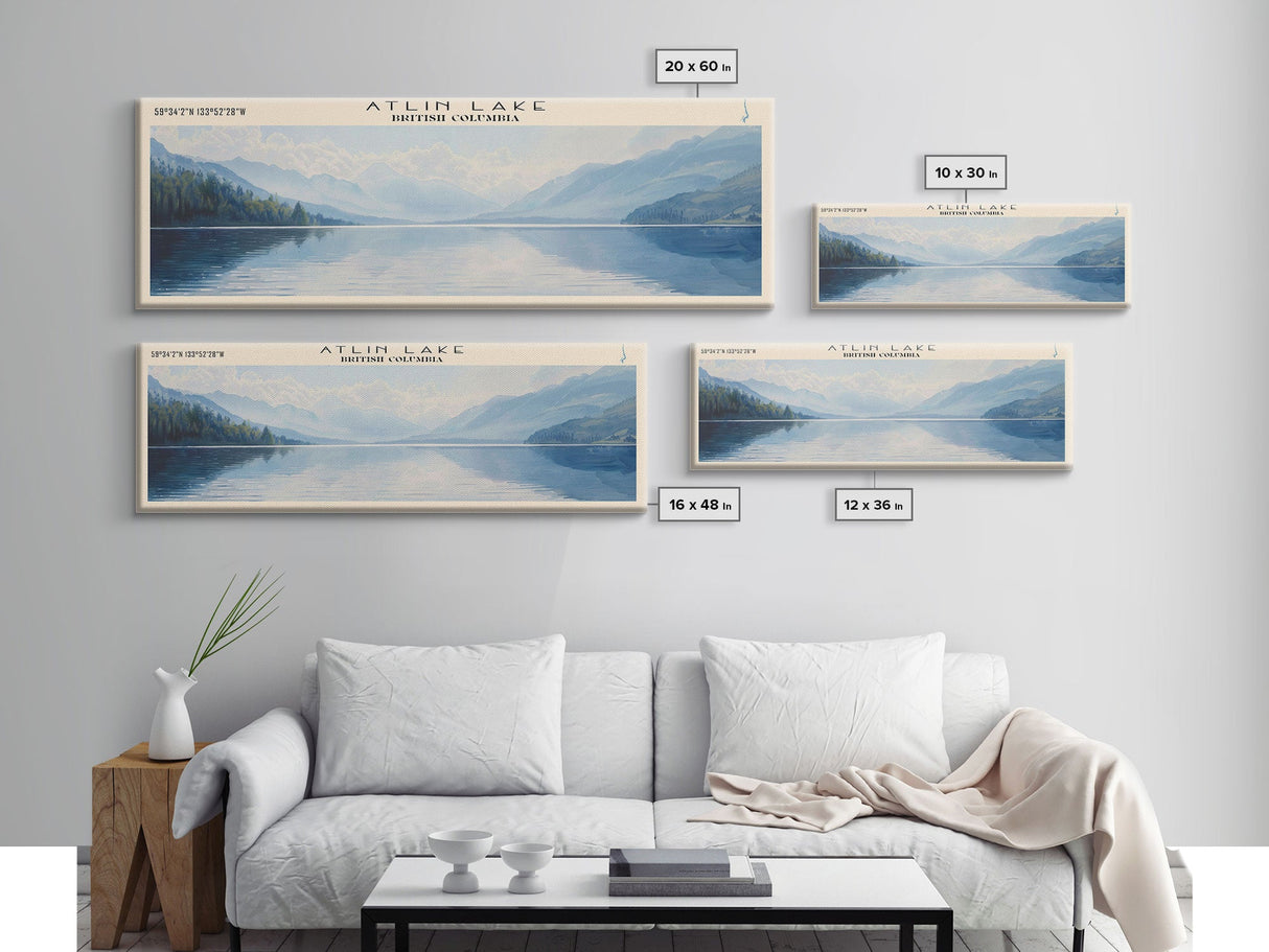 Atlin Lake Panoramic Framed Canvas Print, Lake House Decor, Minimalist Art, Travel Poster, Scenic View, Nature Wall Art