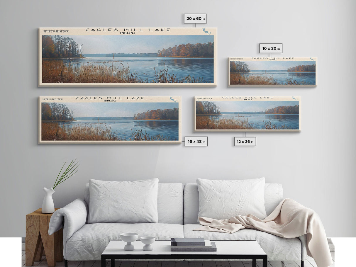 Cagles Mill Lake Indiana Framed Canvas Print, Lake House Art, Panoramic Travel Poster, Wall Art, Modern Lake Painting, Home Decor