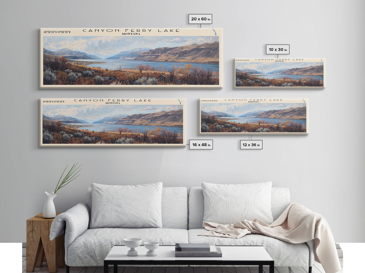 Canyon Ferry Lake Framed Canvas Print, Panoramic Lake House Decor, Wall Art, Travel Poster, Modern Lake Painting, Home Decor