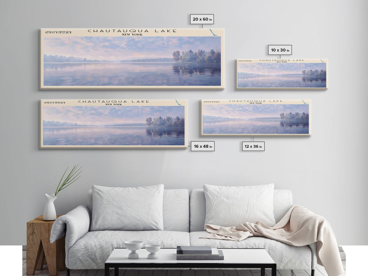 Chautauqua Lake New York Framed Canvas Print, Lake House Art, Panoramic Wide Wall Art, Travel Poster, Modern Lake Painting, Nature Art