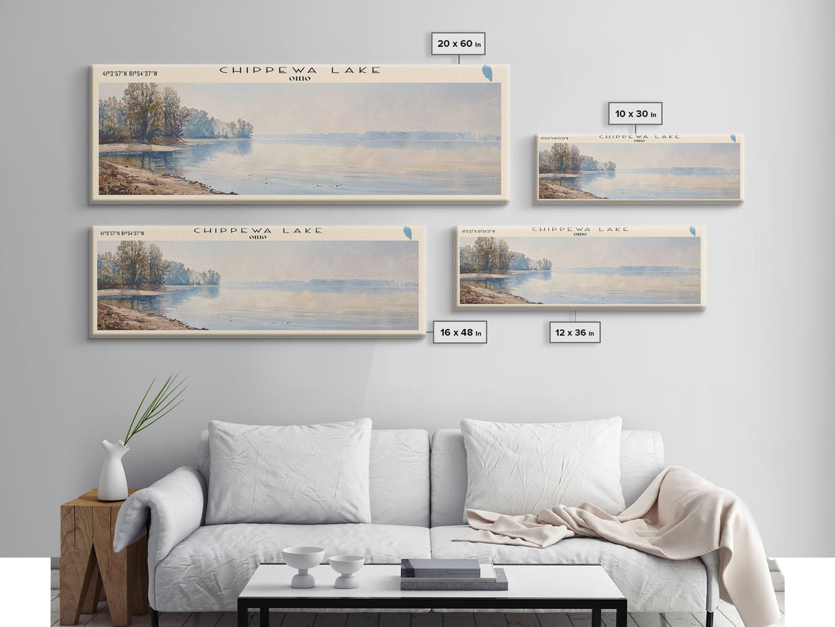 Chippewa Lake Ohio Framed Canvas Print, Lake House Decor, Panoramic Wide Art, Travel Poster, Modern Lake Painting, Nature Art