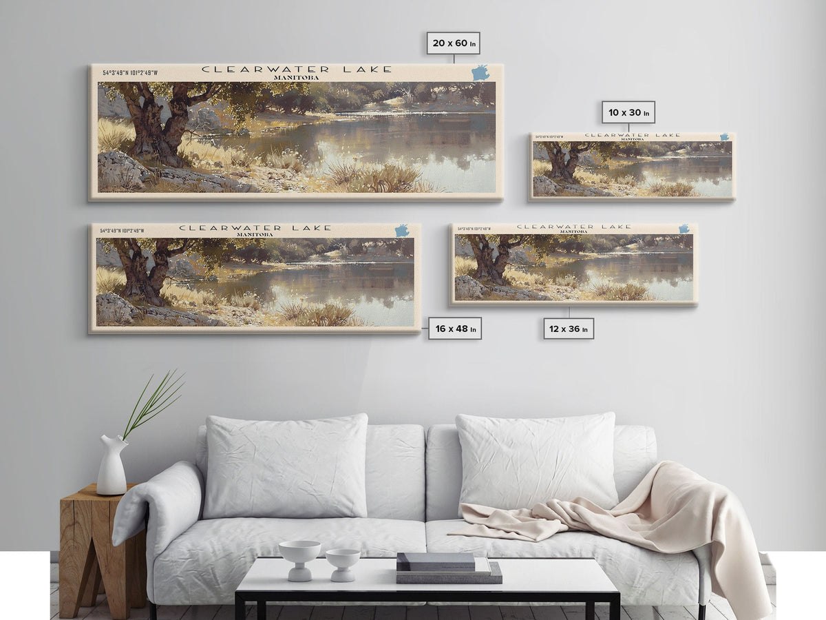 Clearwater Lake Framed Canvas Print, Lake House Art, Panoramic Travel Poster, Wide Wall Art, Modern Lake Painting, Home Decor