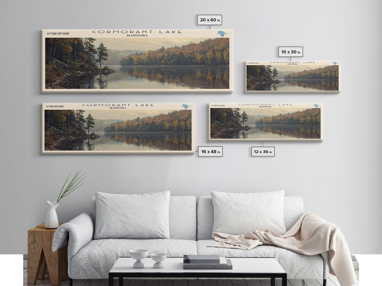 Cormorant Lake Framed Canvas Print, Lake House Decor, Panoramic Wide Art, Travel Poster, Rustic Lake Painting, Home Decor