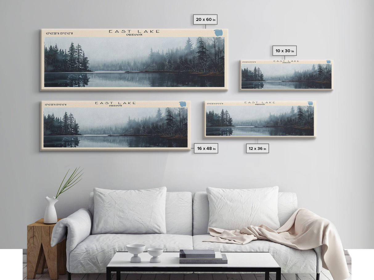 East Lake Oregon Framed Canvas Print, Panoramic Lake House Decor, Wall Art, Travel Poster, Rustic Lake Painting, Home Decor
