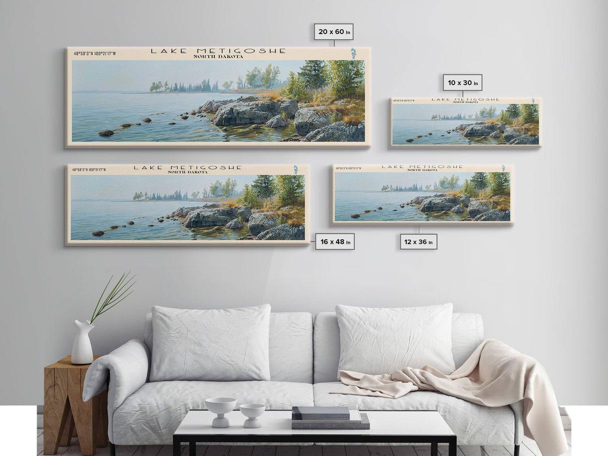 Lake Metigoshe North Dakota Framed Canvas Print, Lake House Decor, Panoramic Wall Art, Travel Poster, Serene Landscape Painting, Living Room Decor