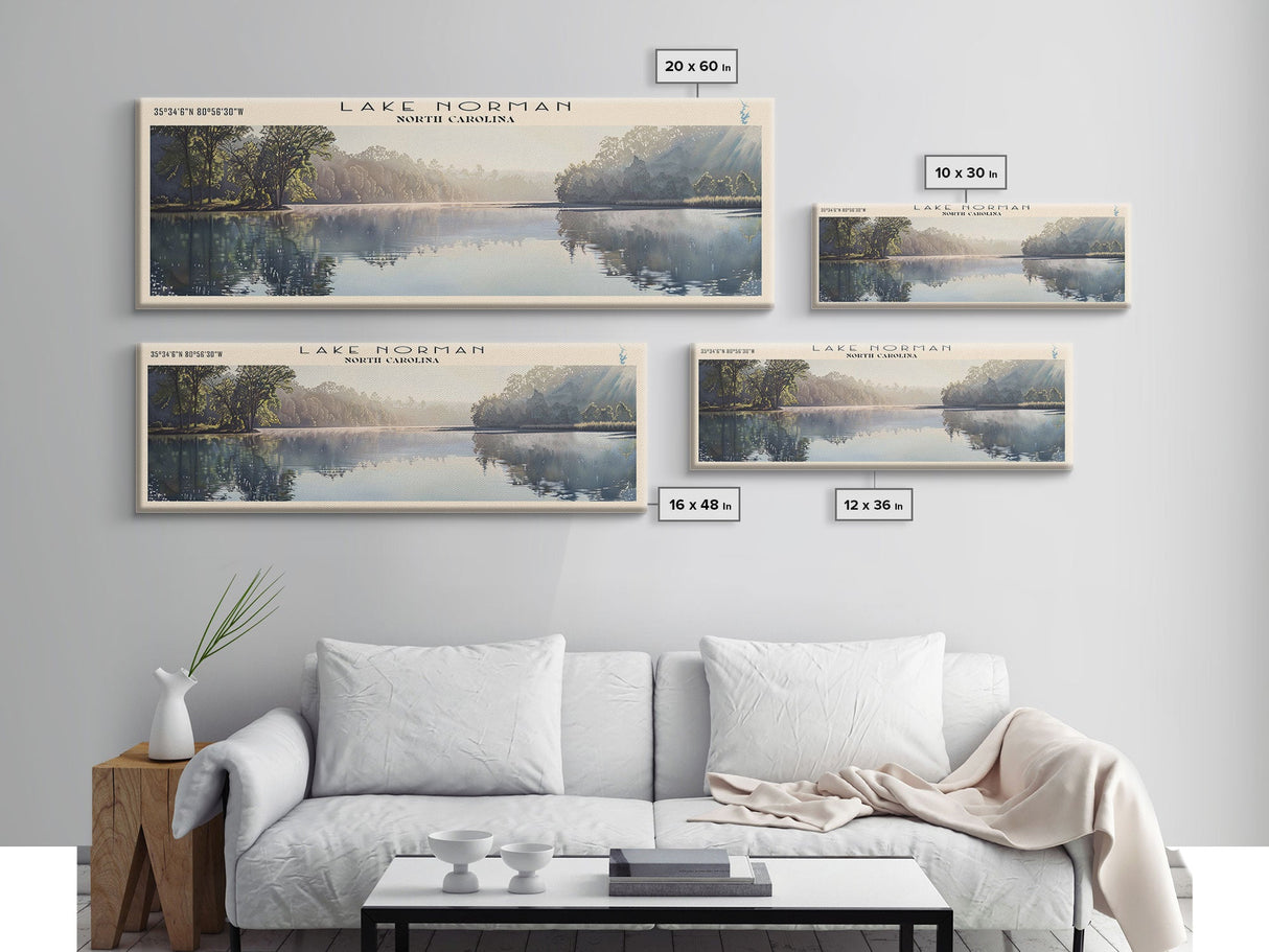 Lake Norman North Carolina Framed Canvas Print, Lake House Decor, Panoramic Wall Art, Travel Poster, Scenic Landscape Painting, Contemporary Art