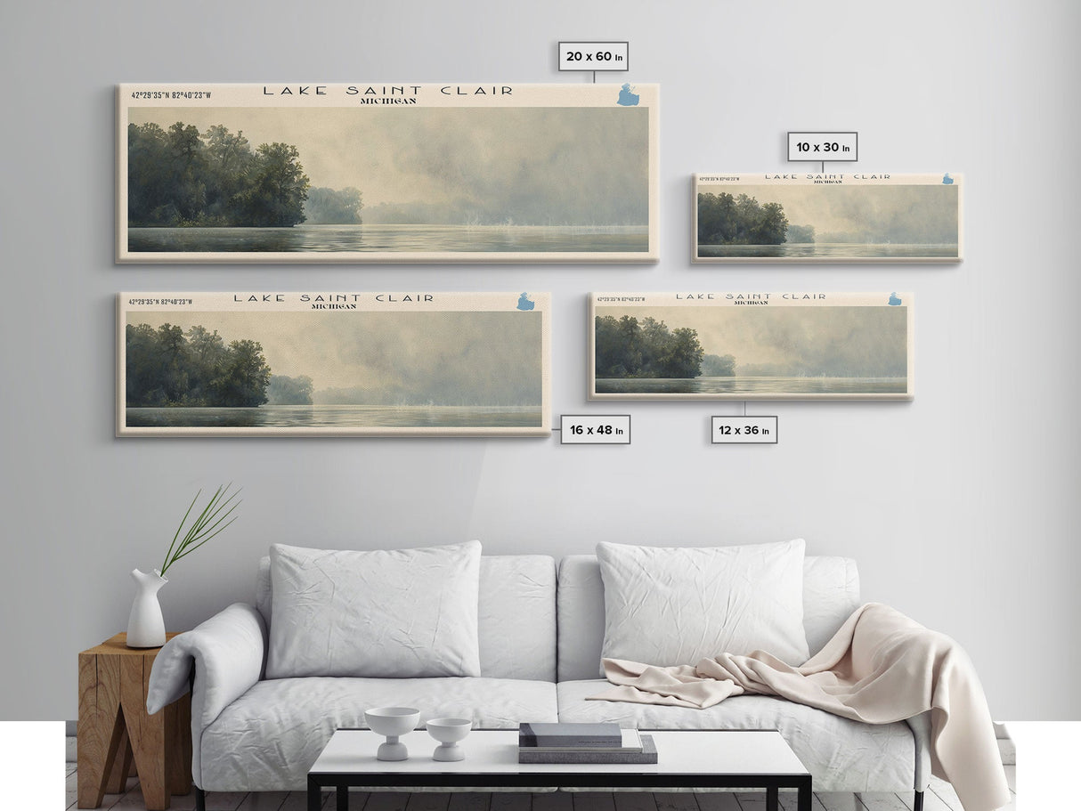 Lake Saint Clair, Boho Art, Travel Poster Art, Wall Art, Home Decor, Nature Scene, Lake Painting, Minimalist Art, Bedroom Decor, Landscape Painting, Travel Print, Framed Canvas Print, Lake House Decor, Panoramic Print