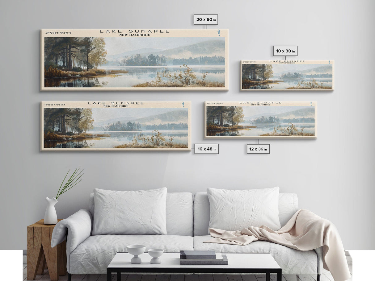 Lake Sunapee New Hampshire Framed Canvas Print, Lake House Decor, Panoramic Wall Art, Travel Poster, Scenic Landscape Painting, Living Room Decor