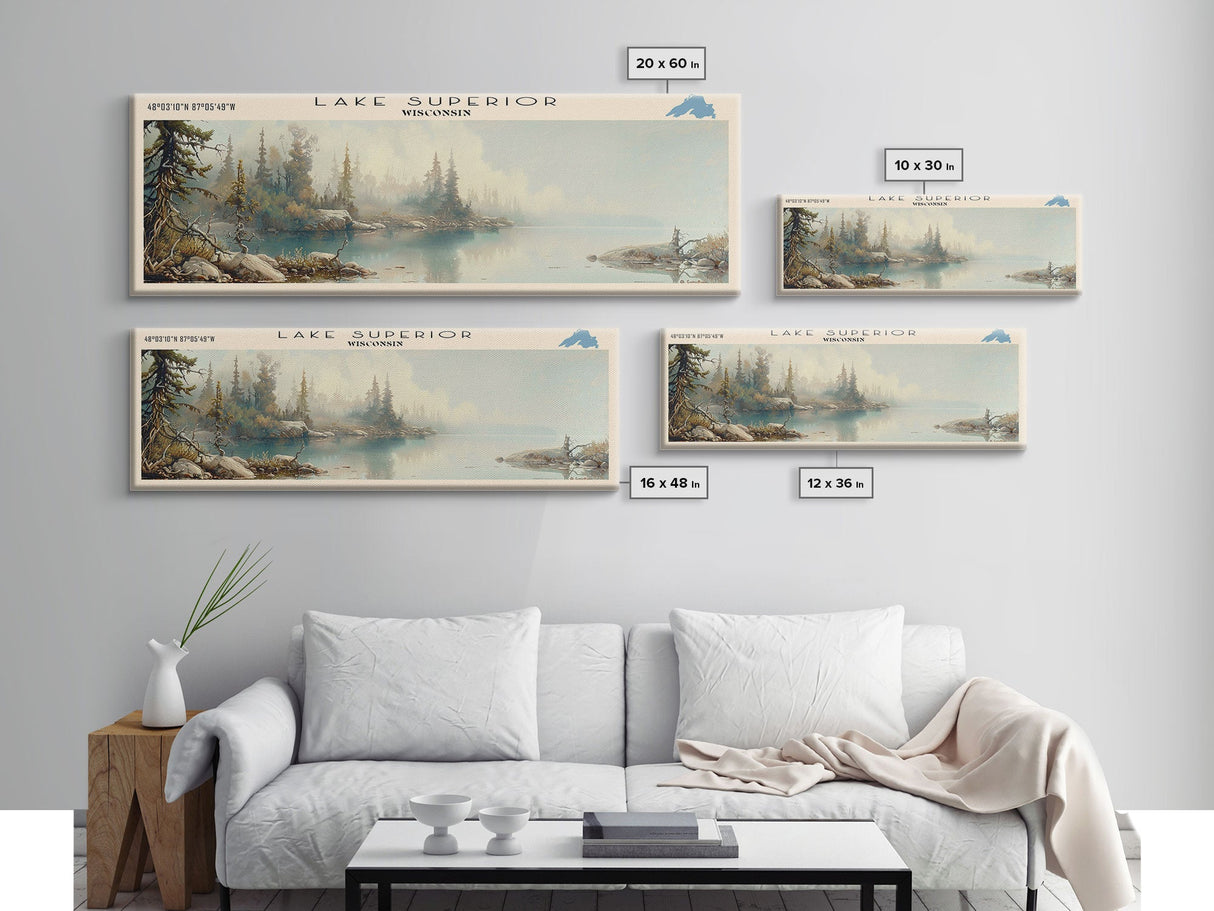 Lake Superior Framed Canvas Print, Lake House Decor, Panoramic Wall Art, Travel Poster, Beautiful Landscape Painting, Modern Art