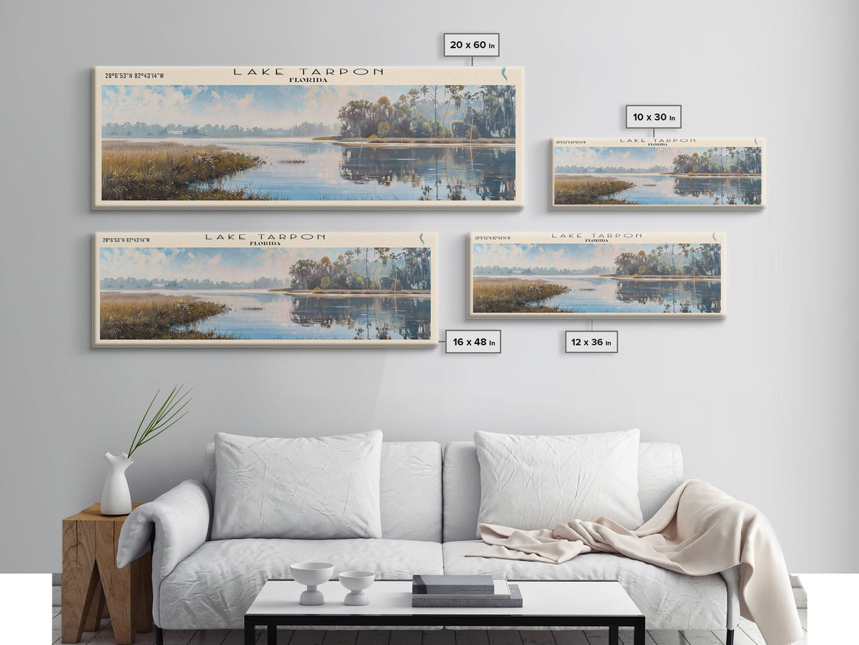 Lake Tarpon Florida Framed Canvas Print, Lake House Decor, Panoramic Wall Art, Travel Poster, Beautiful Landscape Painting, Living Room Decor