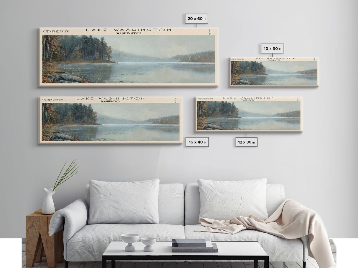 Lake Washington Washington Framed Canvas Print, Lake House Decor, Panoramic Wall Art, Travel Poster, Landscape Painting, Living Room Decor