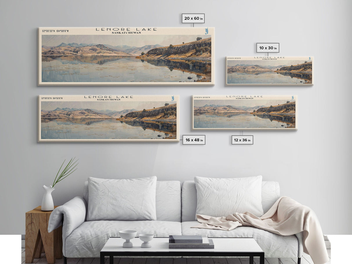 Lenore Lake Framed Canvas Print, Lake House Decor, Panoramic Wall Art, Travel Poster, Landscape Painting, Bedroom Decor