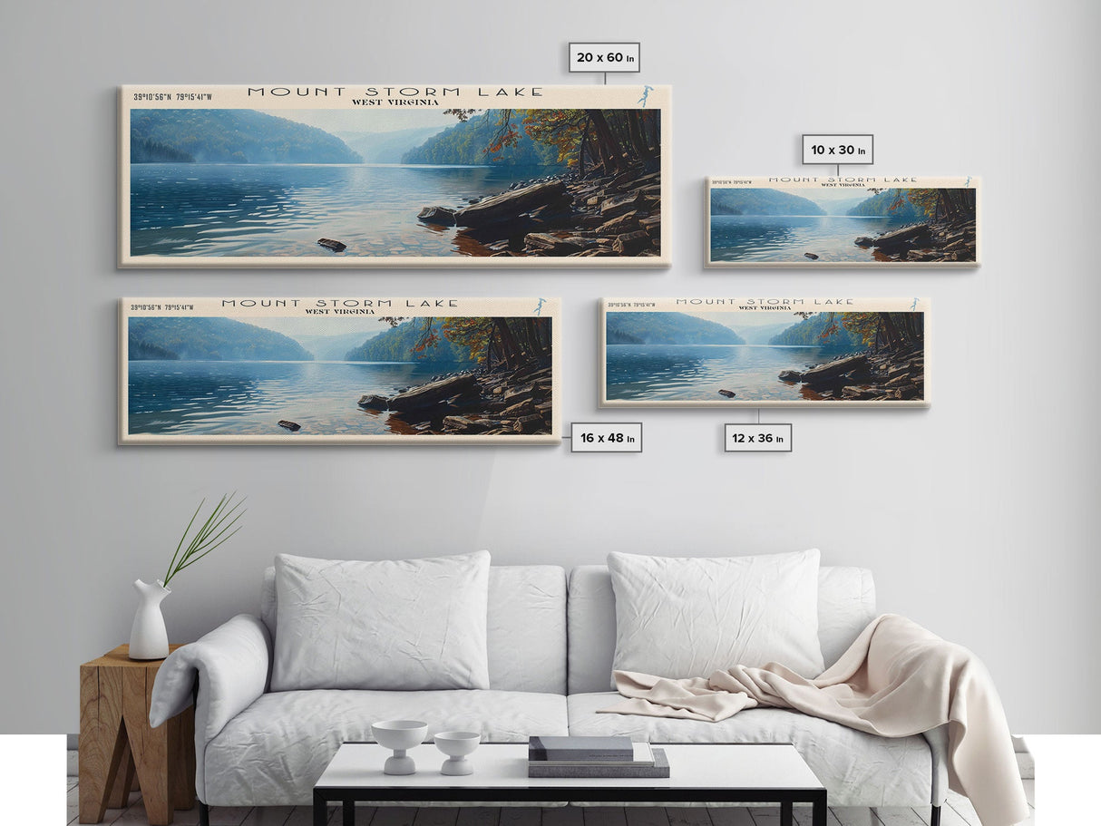 Mount Storm Lake West Virginia Framed Canvas Print, Lake House Decor, Panoramic Wall Art, Travel Poster, Landscape Painting, Contemporary Art