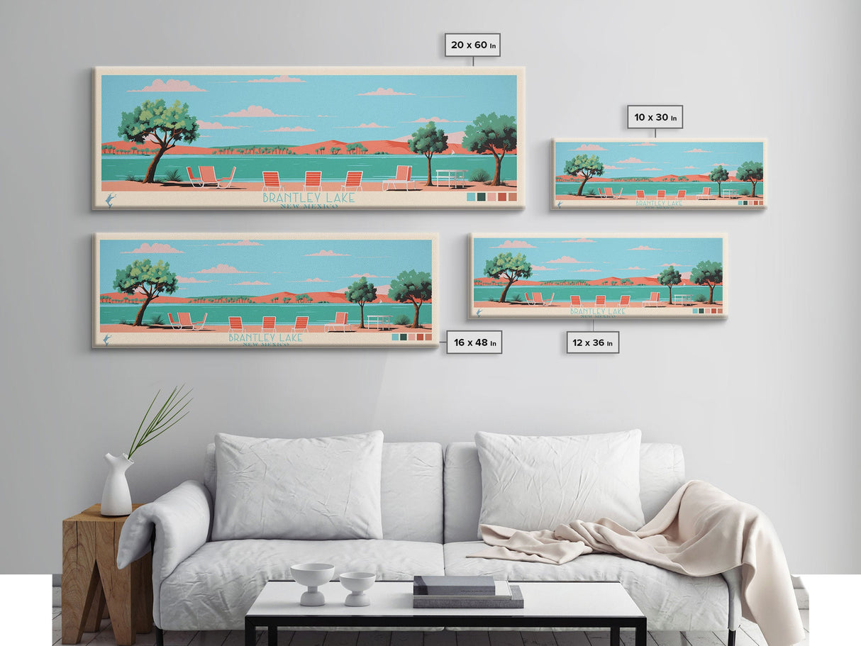 Brantley Lake New Mexico Framed Canvas Print, Midcentury Modern Panoramic Wall Art, Living Room Decor, Pop Art, Travel Poster Art, Scenic Nature Painting