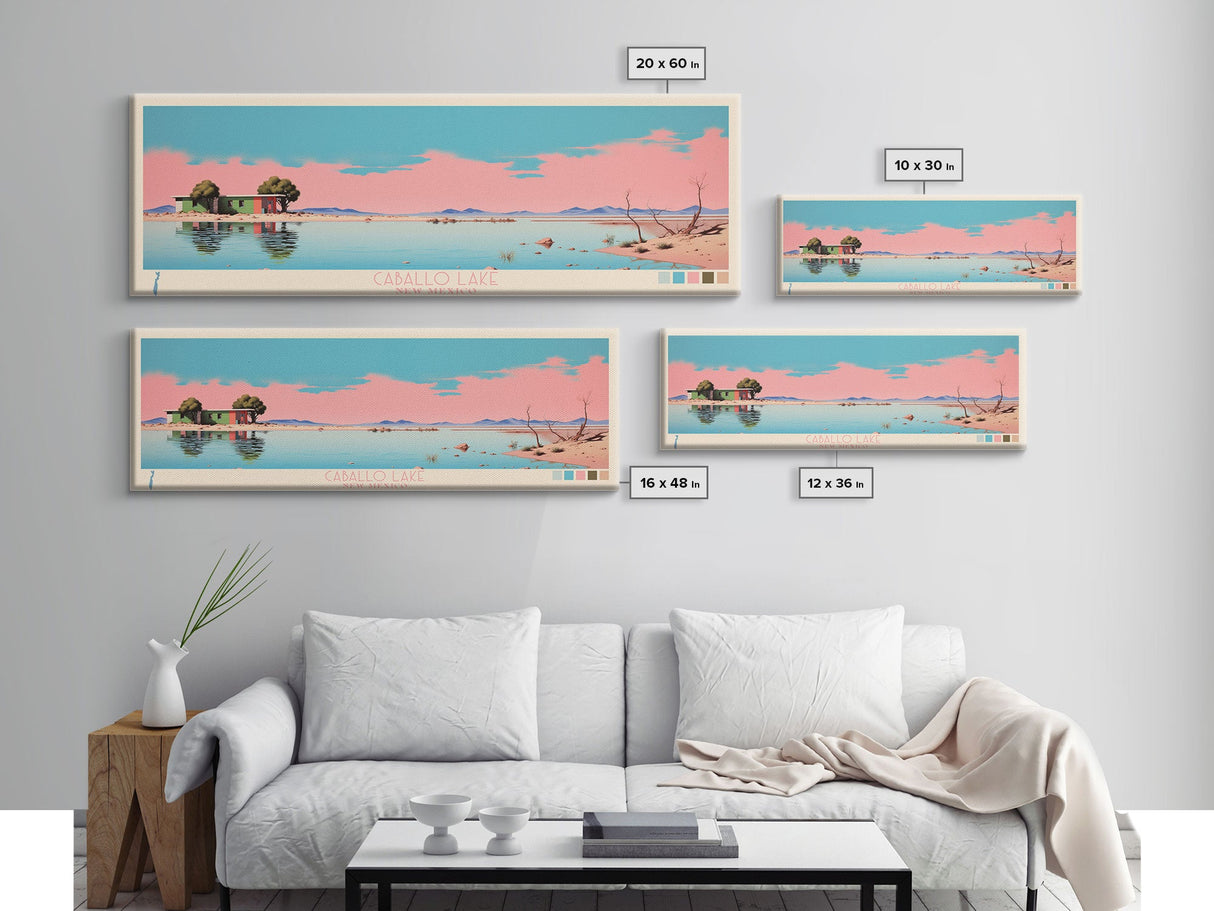 Caballo Lake New Mexico Framed Canvas Print, Midcentury Modern Panoramic Wall Art, Living Room Decor, Pop Art, Travel Poster Art, Scenic Nature Painting