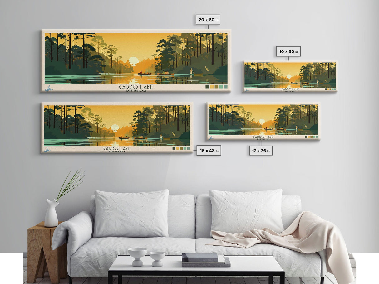 Caddo Lake Louisiana Framed Canvas Print, Pop Art Panoramic Travel Poster, Midcentury Modern, Wall Art, Scenic Nature Painting, Bedroom Decor