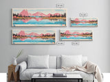 Calling Lake Alberta Framed Canvas Print, Midcentury Modern Panoramic Wall Art, Living Room Decor, Pop Art, Travel Poster Art, Scenic Nature Painting