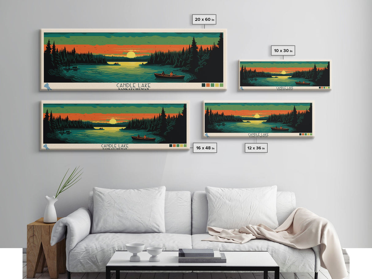 Candle Lake Saskatchewan Framed Canvas Print, Midcentury Modern Panoramic Wall Art, Living Room Decor, Pop Art, Travel Poster Art, Scenic Nature Painting
