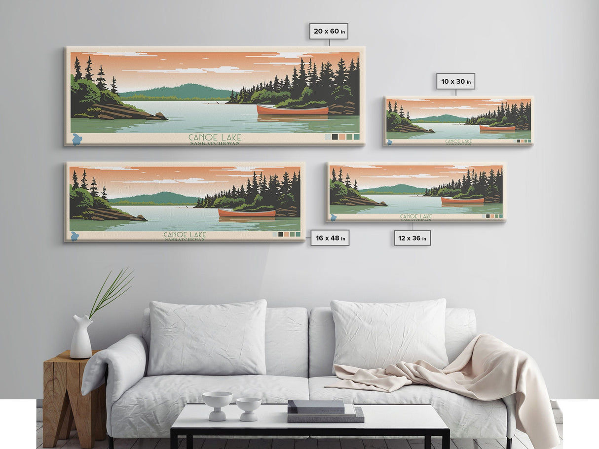 Canoe Lake Saskatchewan Framed Canvas Print, Midcentury Modern Panoramic Wall Art, Living Room Decor, Pop Art, Travel Poster Art, Scenic Nature Painting