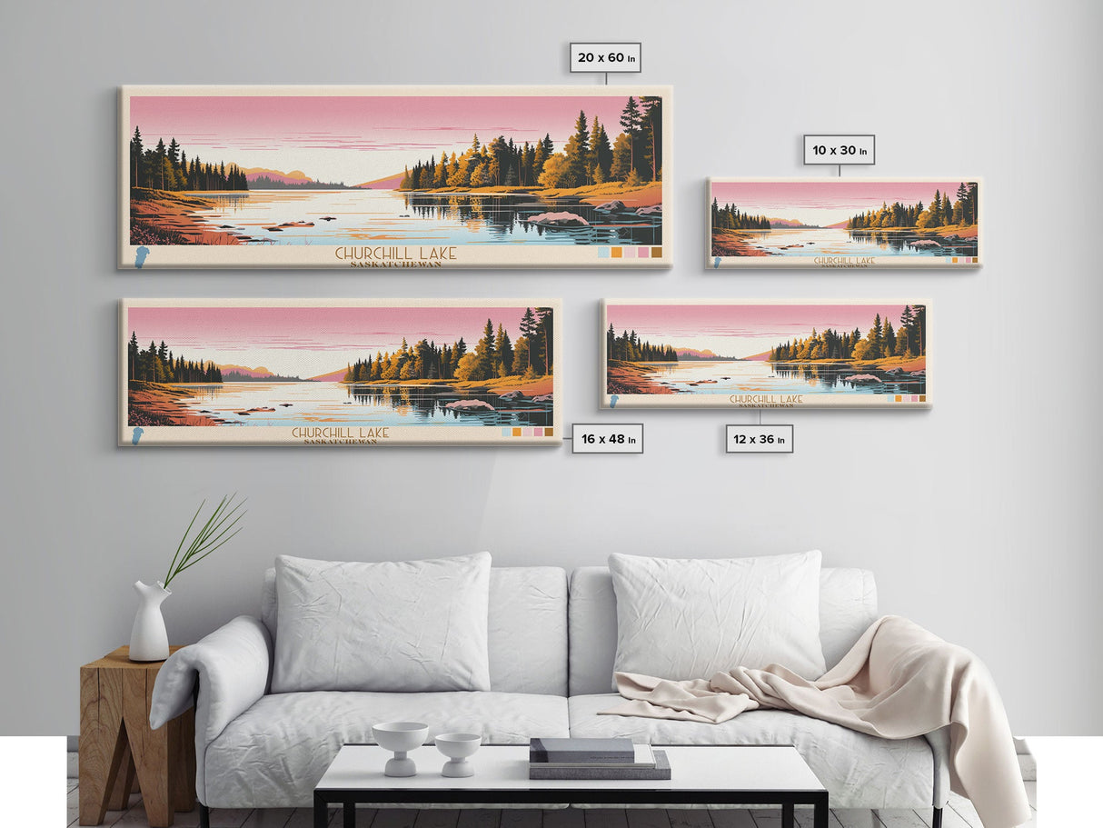 Churchill Lake Saskatchewan Framed Canvas Print, Midcentury Modern Panoramic Wall Art, Living Room Decor, Pop Art, Travel Poster Art, Scenic Nature Painting, Lake House Decor