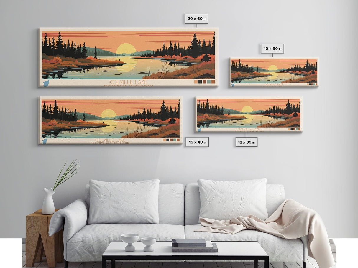 Colville Lake Northwest Territories Framed Canvas Print, Pop Art Panoramic Travel Poster, Bedroom Decor, Midcentury Modern, Wall Art, Scenic Lake House, Nature Art