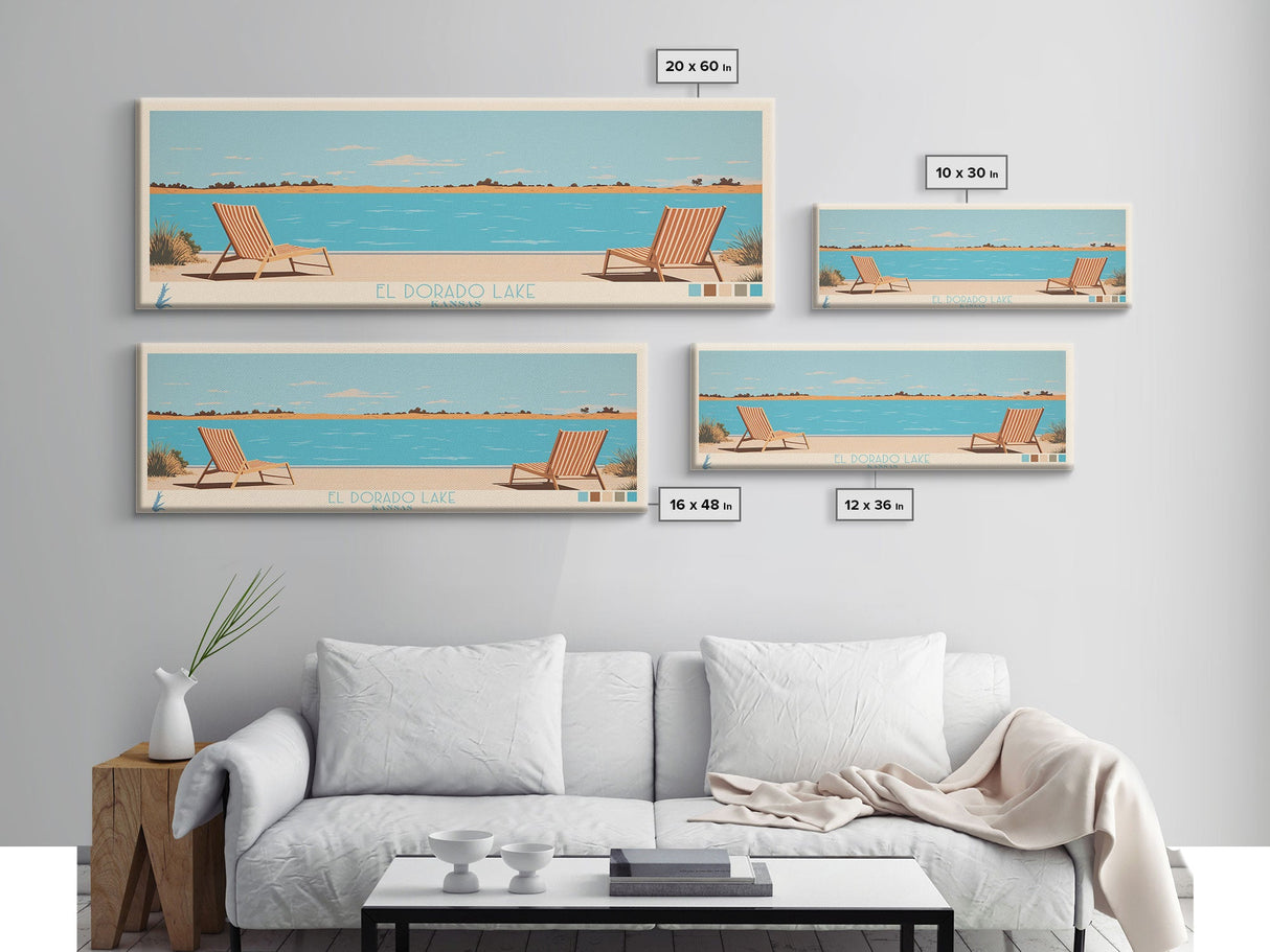 El Dorado Lake Kansas Framed Canvas Print, Panoramic Wall Art, Midcentury Modern, Pop Art, Living Room Art, Travel Poster, Vintage Lake Art
