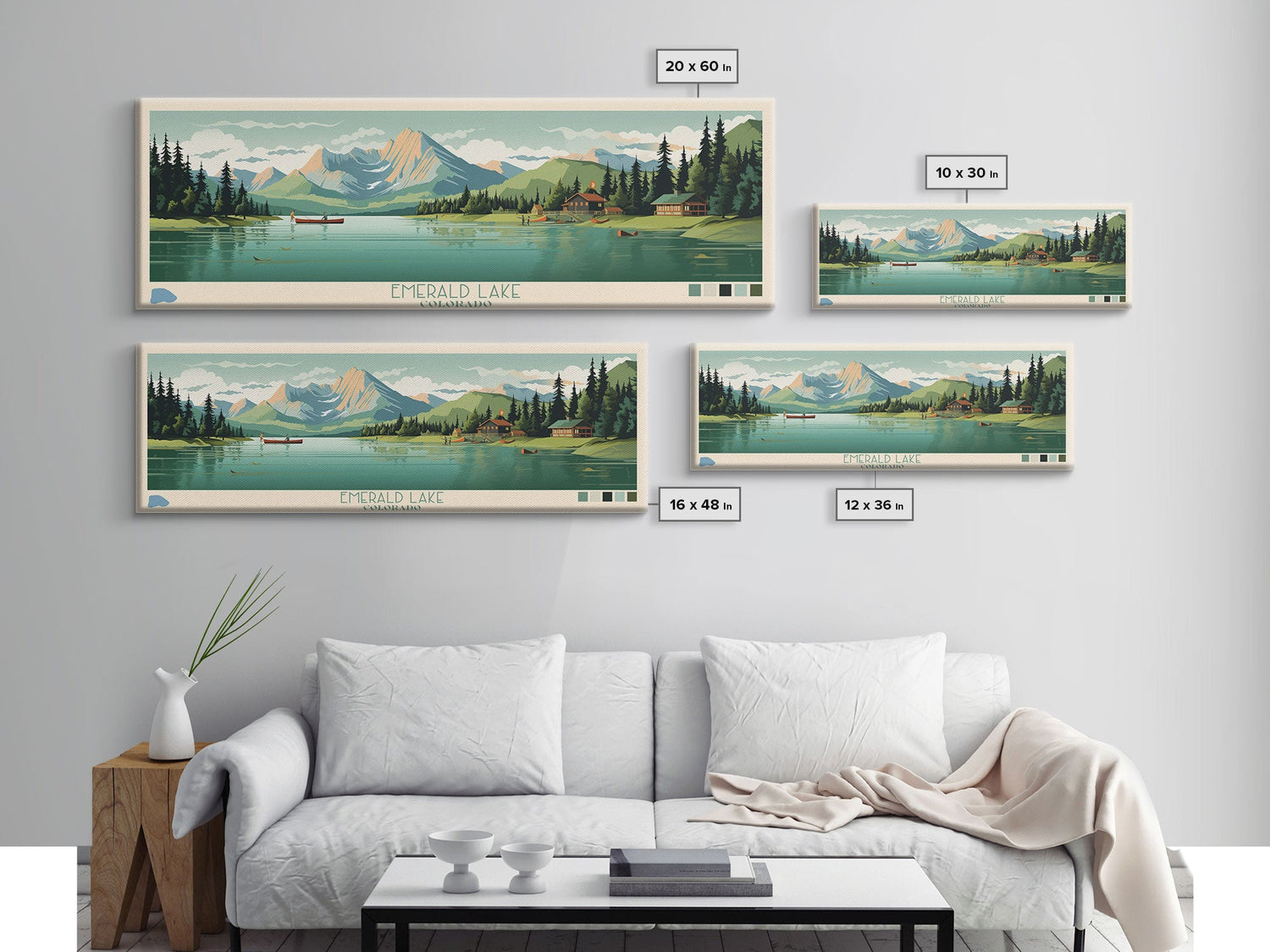 Emerald Lake Colorado Framed Canvas Print, Panoramic Art, Midcentury Modern, Pop Art, Living Room Wall Art, Travel Poster, Lake Art