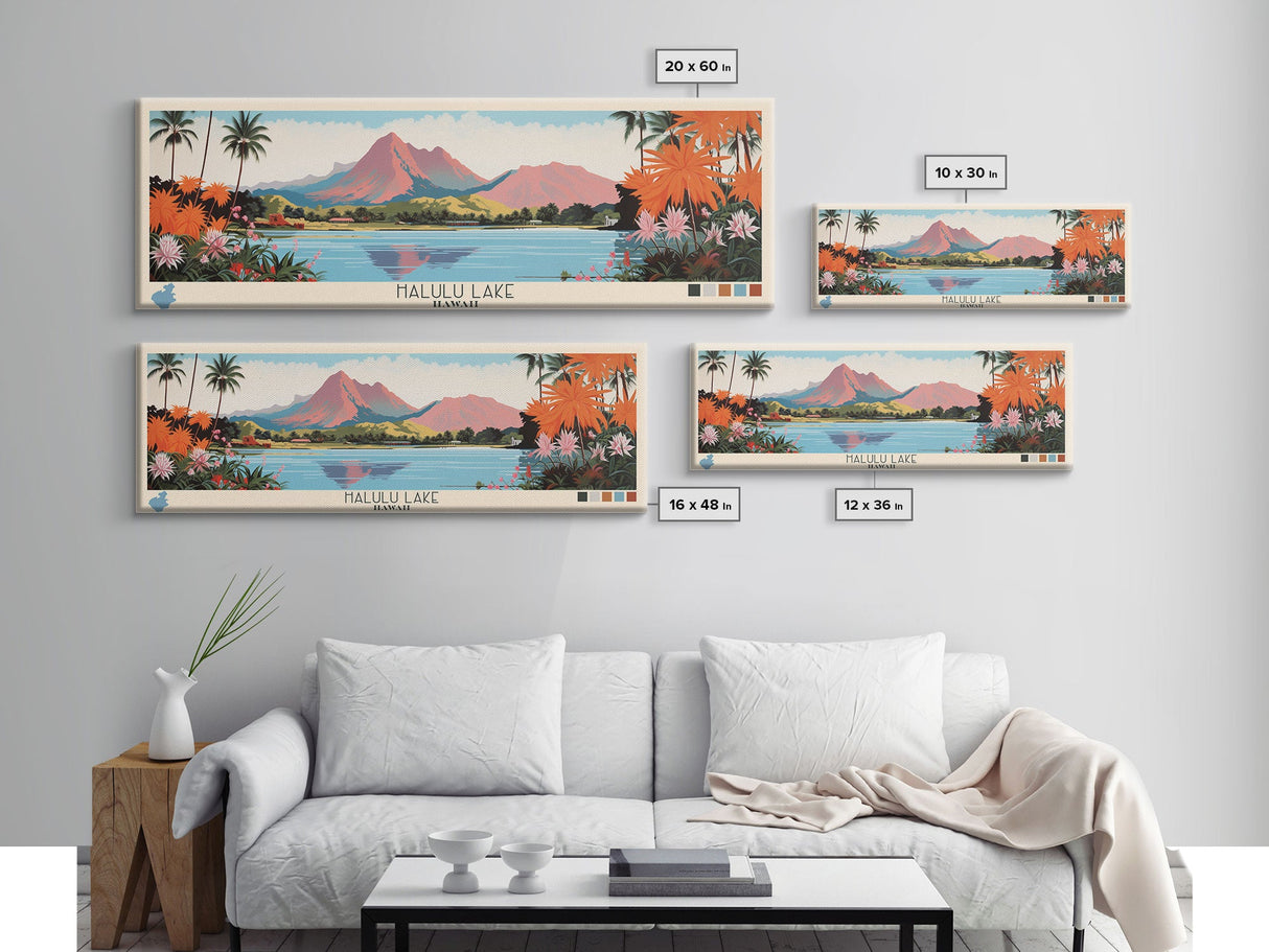 Halulu Lake Hawaii Framed Canvas Print, Panoramic Art, Midcentury Modern, Pop Art, Bedroom Decor, Travel Poster, Artistic Decor, Home Decor