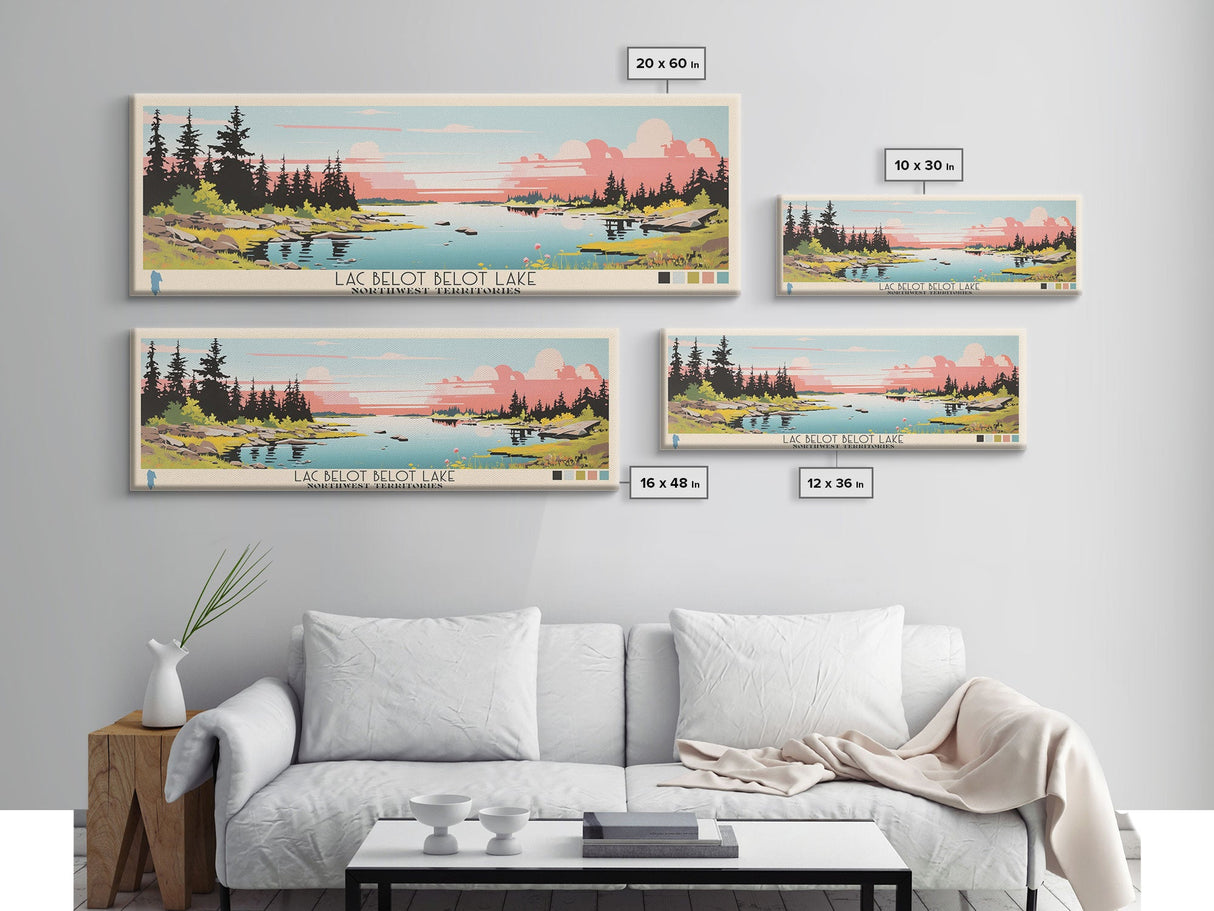 Lac Belot Northwest Territories Framed Canvas Print, Panoramic Wall Art, Midcentury Modern, Pop Art, Lake House Art, Travel Poster, Living Room Decor
