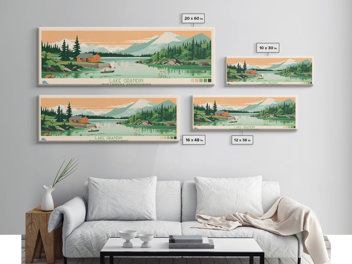 Lake Grandin Northwest Territories Framed Canvas Print, Panoramic Art, Midcentury Modern, Pop Art, Living Room Wall Art, Travel Poster, Lake House Decor