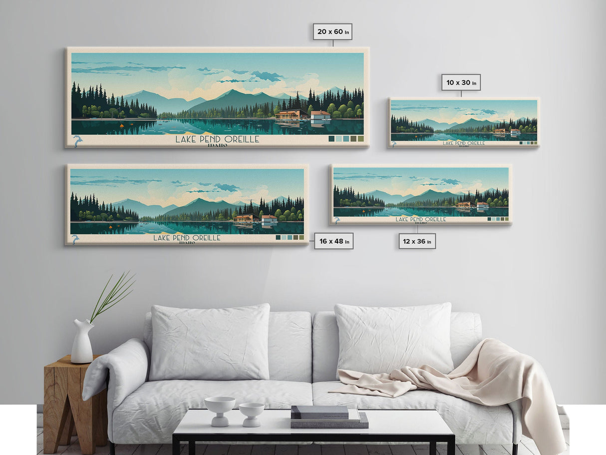 Lake Pend Oreille Idaho Framed Canvas Print, Panoramic Wall Art, Midcentury Modern, Pop Art, Living Room Decor, Travel Poster, Lake House Art