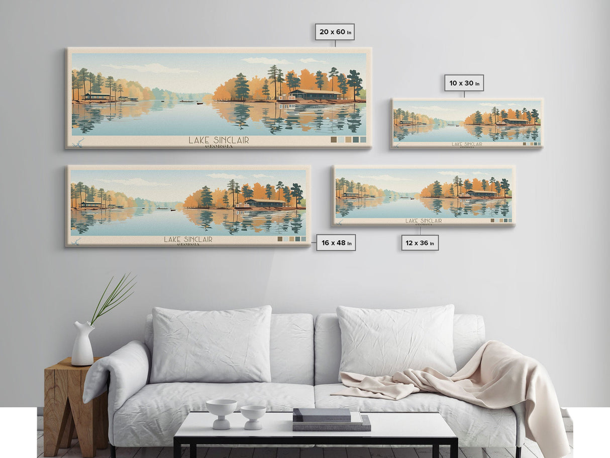 Lake Sinclair Georgia Framed Canvas Print, Panoramic Wall Art, Midcentury Modern, Pop Art, Living Room Decor, Travel Poster, Lake House Art