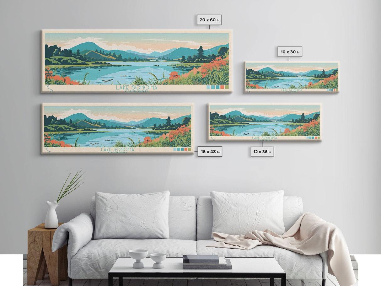 Lake Sonoma California Framed Canvas Print, Panoramic Wall Art, Midcentury Modern, Pop Art, Living Room Decor, Travel Poster, Lake House Art