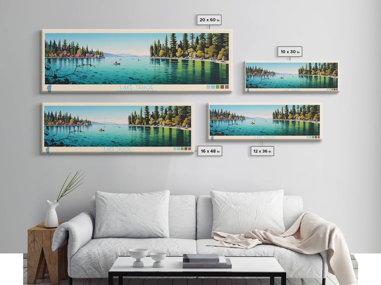 Lake Tahoe CaliforniaNevada Framed Canvas Print, Panoramic Wall Art, Midcentury Modern, Pop Art, Bedroom Art, Travel Poster, Lake House Decor