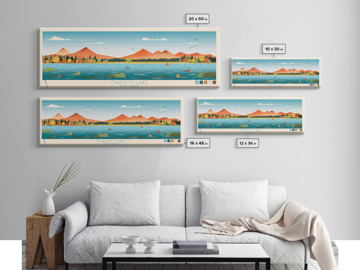 Owasco Lake, New York Framed Canvas Print, Panoramic Wall Art, Midcentury Modern, Pop Art, Home Decor, Travel Poster, Living Room Art