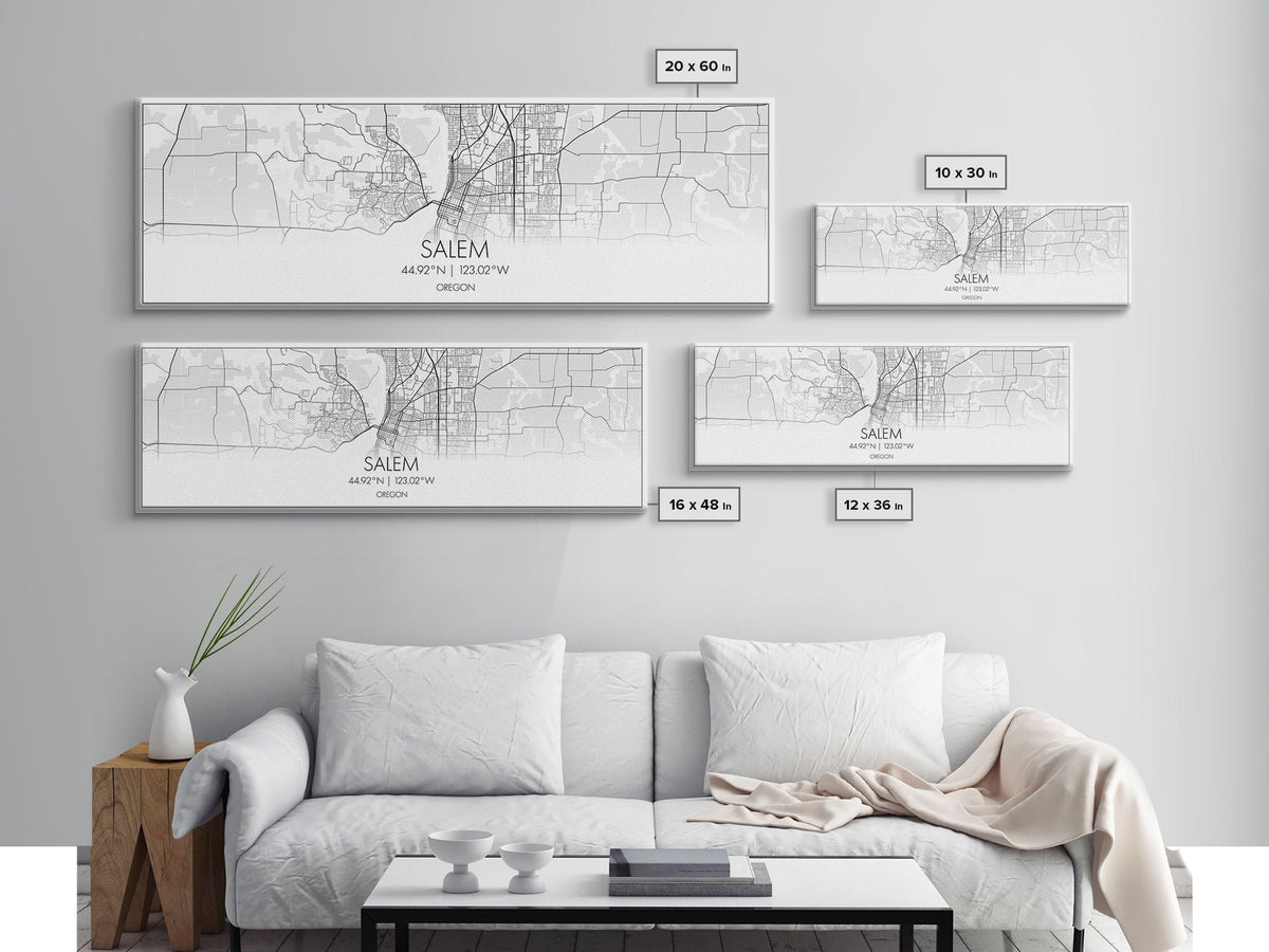 Panoramic Salem City Map, Oregon Art, Map Print, Minimalist Wall Art, Canvas Art, Housewarming Gift, Street Map Art, Closing Gift