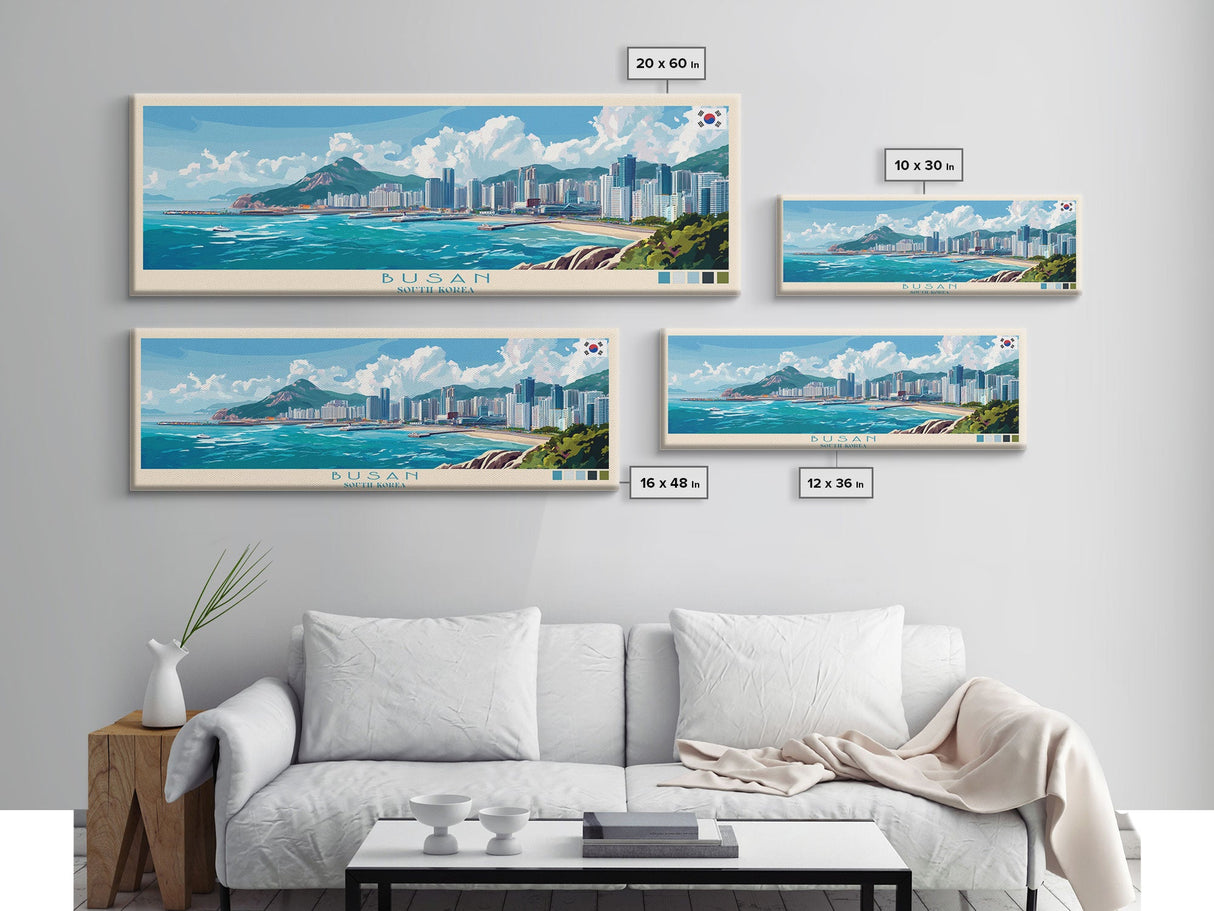 Busan, South Korea Travel Poster Panoramic Canvas Print, Busan, South Korea Painting, South Korea Art, Busan Travel Art, Guest Room Painting