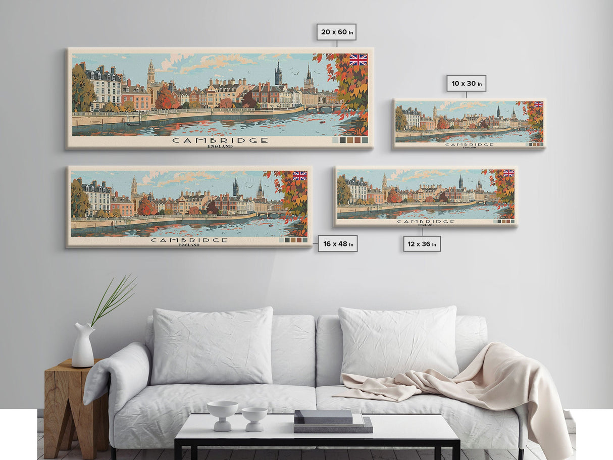 Cambridge, England Panoramic Canvas Print, Cambridge, England Painting, England Art, Cambridge Travel Poster, Travel Art, Living Room Painting