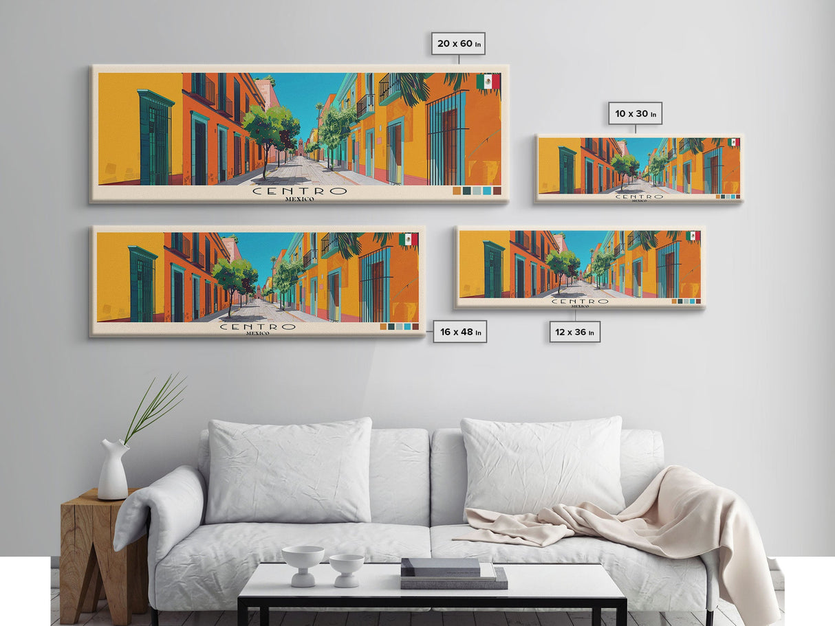 Centro, Mexico Panoramic Canvas Print, Centro, Mexico Painting, Mexico Art, Centro Travel Poster, Travel Art, Living Room Painting
