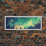 Green Night Sky Watercolor Art Print, Forest Canvas Art, Dark Forest Art, Starry Night Sky, Galaxy Art, Panoramic, Wall Art, Canvas Print